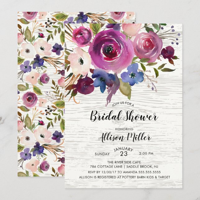 Country Blue Plum Floral Bridal Dusche Einladung (Vorne/Hinten)