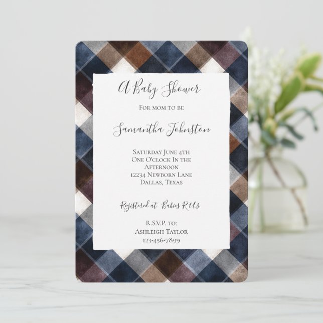 Country Blue Red White Squares Baby Shower Einladung (Stehend Vorderseite)