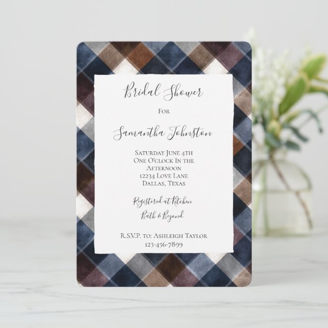 Country Blue Red White Squares Bridal Shower Einladung (Stehend Vorderseite)