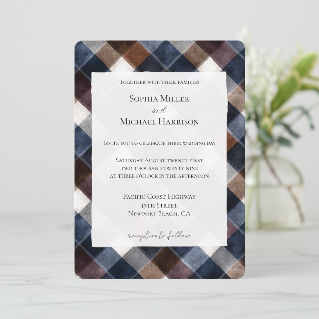 Country Blue Red White Squares Wedding Einladung (Stehend Vorderseite)