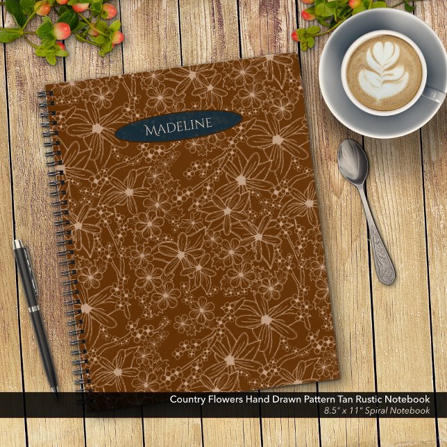 Country Blume handgezeichnetes Muster braune Rusti Notizbuch (Country Flowers Hand Drawn Pattern Brown Rustic Notebook: 8.5"x11" Spiral Notebook with Blue Name)