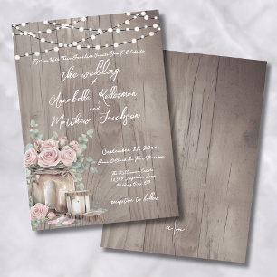 Country Blush Pink Roses Rustic Wood Wedding Einladung