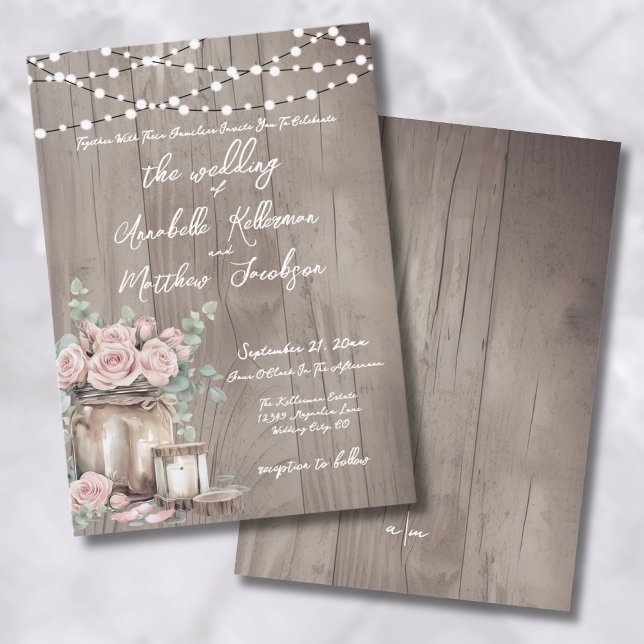 Country Blush Pink Roses Rustic Wood Wedding Einladung (Country Blush Pink Roses Rustic Wood Wedding Invitation)