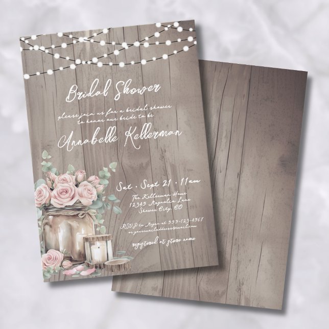 Country Blush Pink Roses Rustikales Holz Brautpart Einladung (Country Blush Pink Roses Rustic Wood Bridal Shower Invitation)