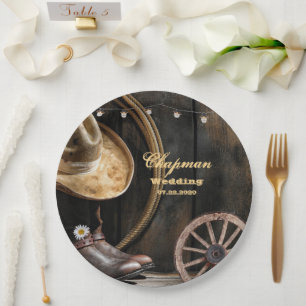 Country Boots Hat, Barn Wood Wedding Pappteller