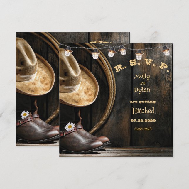 Country Boots Hat & Barnwood Wedding RSVP Card Einladung (Vorne/Hinten)