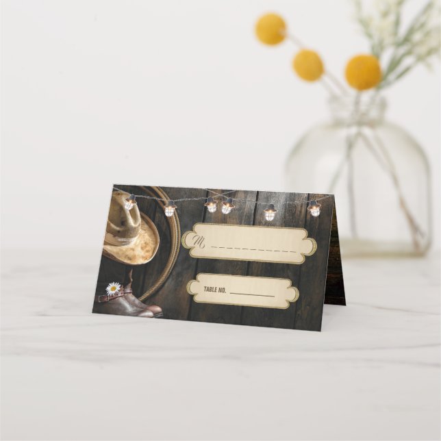 Country Boots Hat & Stallholz geklappte Platzkarte (Vorderseite)