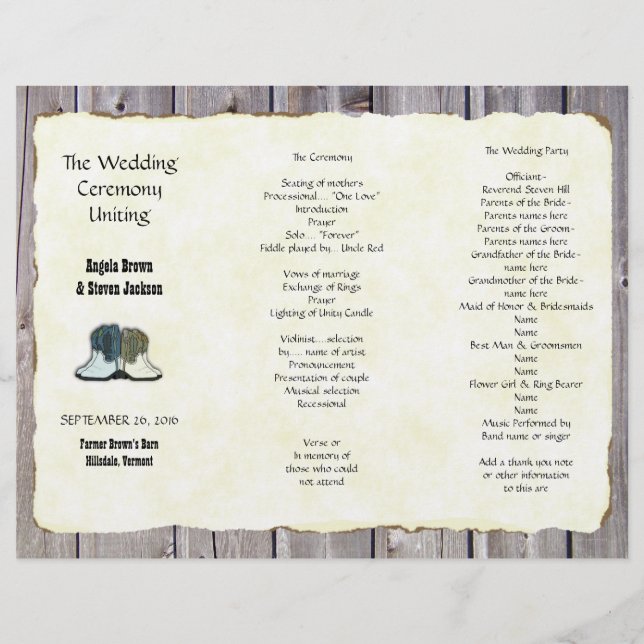 Country Boots Rustic Tri-fold Programme de mariage (Devant)