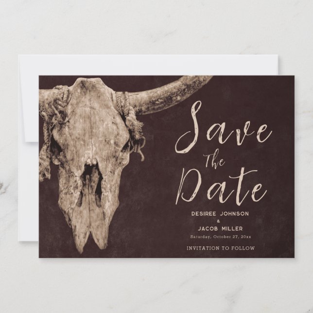 Country Brown Rodeo Bull Skull Save the Date Ankündigung (Vorderseite)