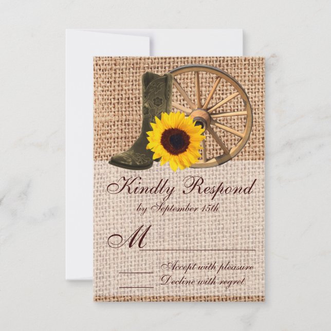 Country Burlap Cowboy Boots Sunflower Wedding RSVP (Devant)