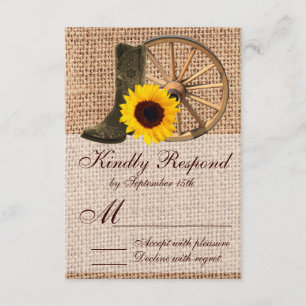 Country Burlap Cowboy Boots Sunflower Wedding RSVP Karte