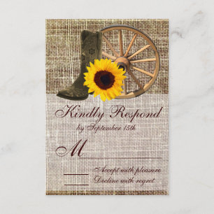 Country Burlap Cowboy Boots Sunflower Wedding RSVP Karte