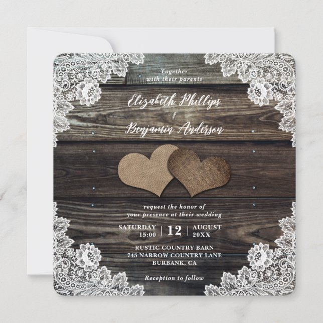 Country Burlap Hearts Floral Lace Wood Wedding Einladung (Vorderseite)