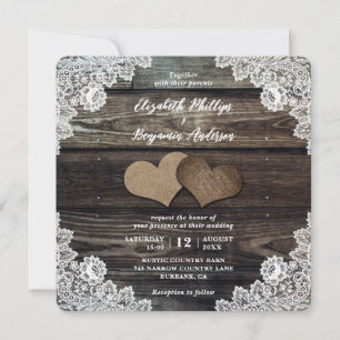 Country Burlap Hearts Floral Lace Wood Wedding Einladung