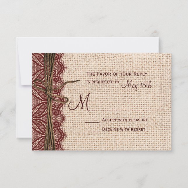 Country Burlap Maroon Red Lace Twine Wedding RSVP (Vorderseite)