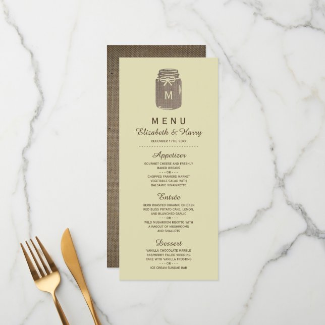 Country Burlap Mason Jar Wedding Menükarte (Vorderseite/Rückseite Beispiel)