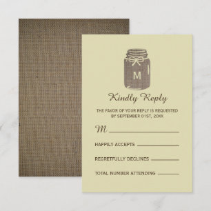 Country Burlap Mason Jar Wedding RSVP Karte