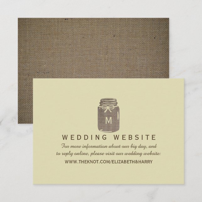 Country Burlap Mason Jar Wedding Website Begleitkarte (Vorne/Hinten)