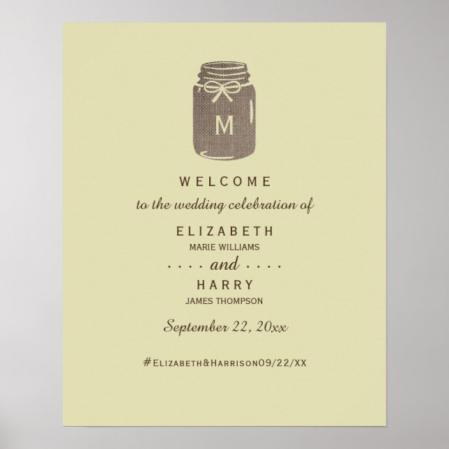 Country Burlap Mason Jar Wedding Willkommen Poster (Vorne)