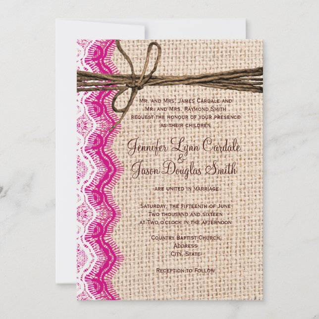 Country Burlap Pink Lace Twine Hochzeit Einladunge Einladung (Vorderseite)