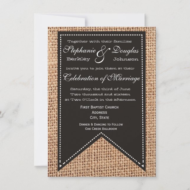 Country Burlap Print Rustikale Hochzeitseinladunge Einladung (Vorderseite)