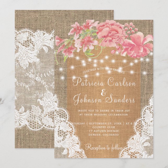 Country burlap rosa Toronleuchten und Spitzenhochz Einladung (Vorne/Hinten)