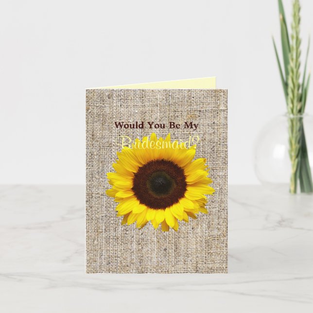 Country Burlap Sonnenblume wird meine Bridesmaid s Einladung (Vorderseite)