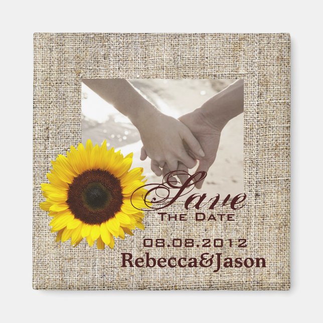 Country Burlap Sonnenblumen Hochzeit SPAREN DAS DA Magnet (Vorne)