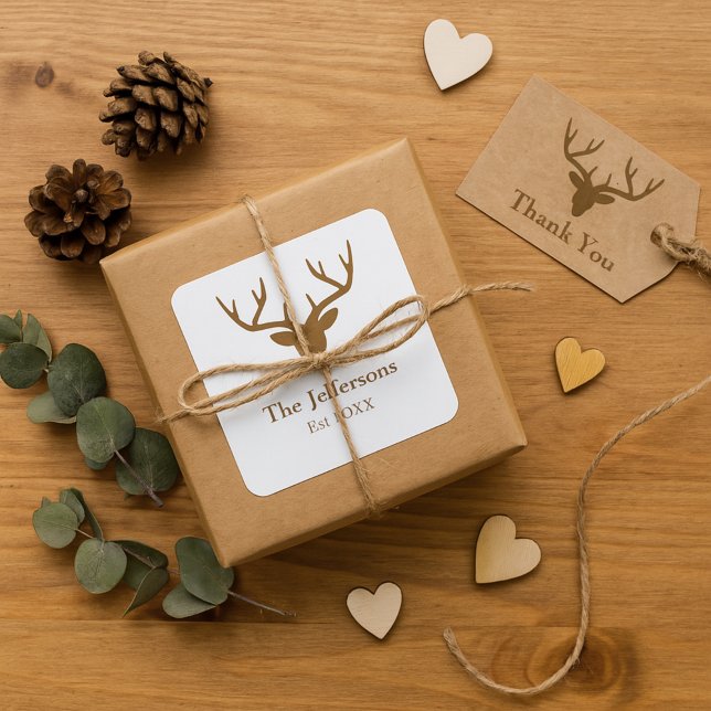 Country Charm Deer Antler Familienname Quadratischer Aufkleber (Von Creator hochgeladen)