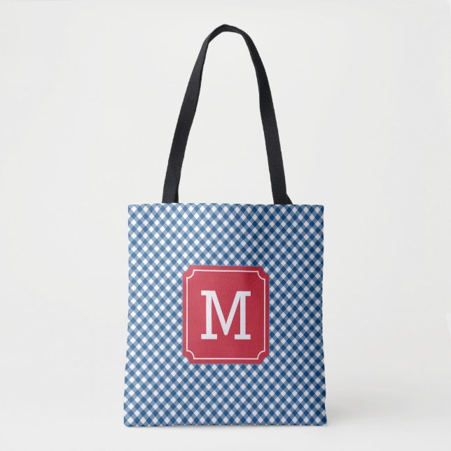Country Chic Blue Gingham Personalisiert Monogram Tasche (Vorderseite)
