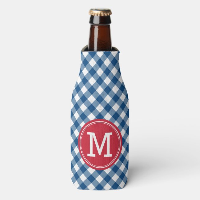 Country Chic Blue Gingham Personalize Monogram Flaschenkühler (Flaschenvorderseite)