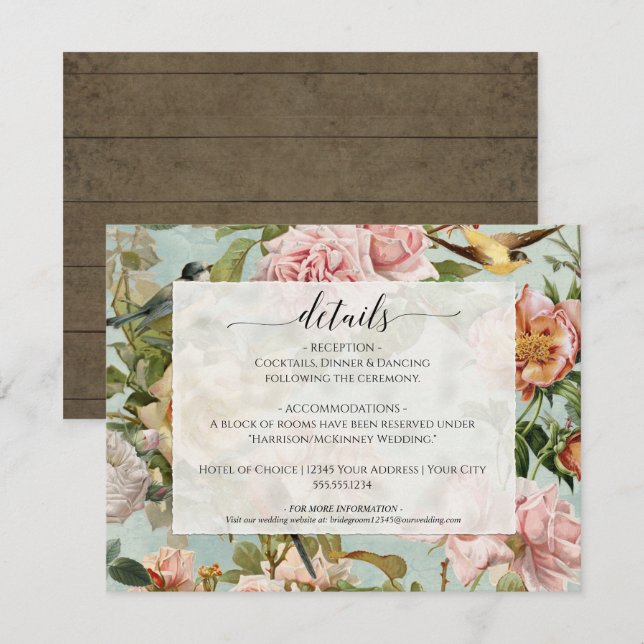 Country Chic Floral Dusty Rosa Blau Holzdetails Einladung (Vorne/Hinten)