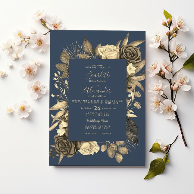 Country chic mauve blue gold blumigen Hochzeit Einladung (Country chic mauve blue gold floral Wedding )