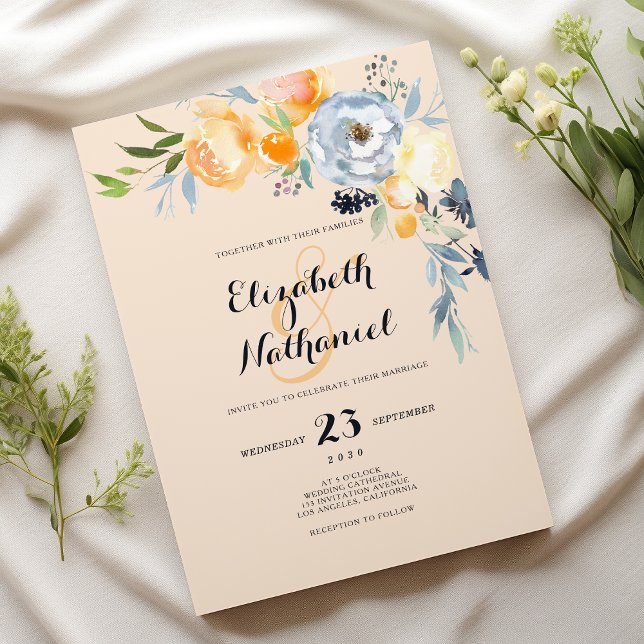 Country chic orange blue ivory floral wedding einladung (Country chic orange blue ivory floral wedding)