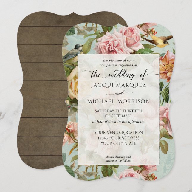 Country Chic Pink Rose Blume Rustic Wood Wedding Einladung (Vorne/Hinten)