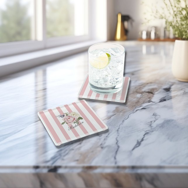 Country Chic Rosa Streifen Rose Bouquet Mit Monogr Glasuntersetzer (Von Creator hochgeladen)