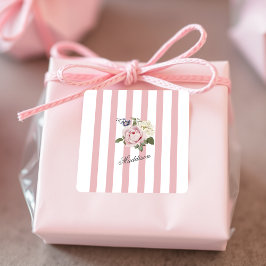 Country Chic Rosa Streifen Rose Bouquet Mit Monogr Quadratischer Aufkleber
