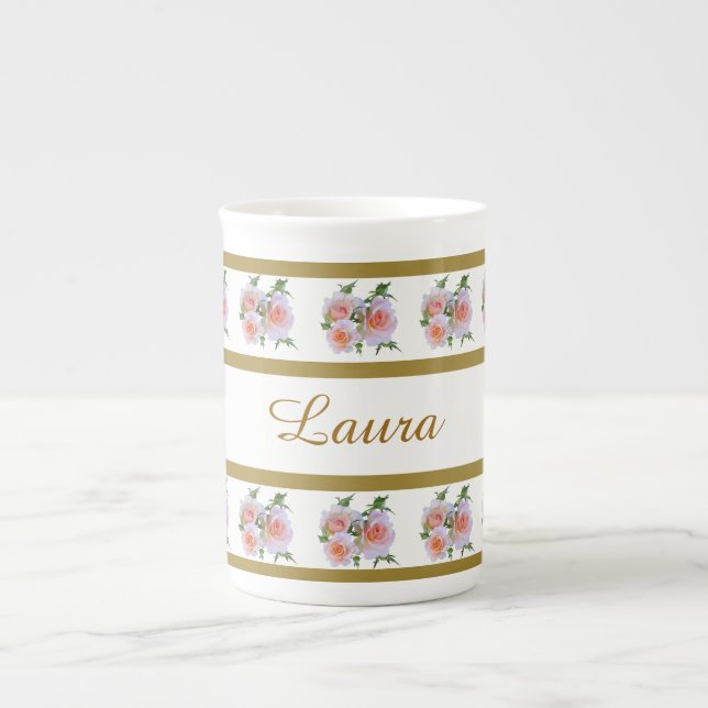 Country Chic Rosa und Weiße Rosen Prozellantasse (Vorderseite)