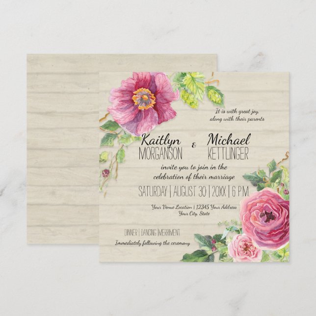 Country Chic Rustic Floral Rose Peony Fence Einladung (Vorne/Hinten)