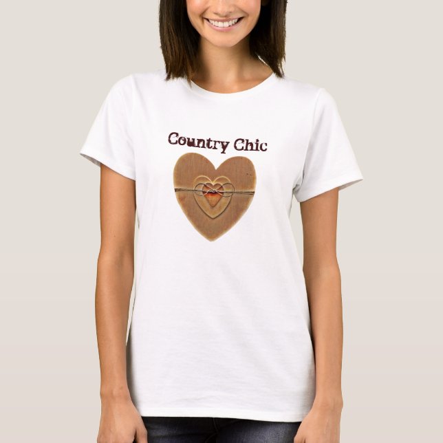 Country Chic rustikale hölzerne Herzen Zwirn Bow T-Shirt (Vorderseite)
