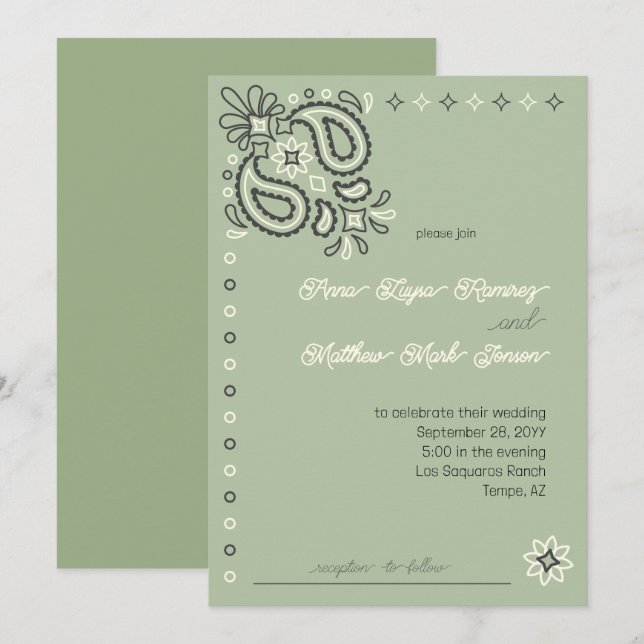 Country Chic Sage Green Moderne Western Hochzeit Einladung (Vorne/Hinten)