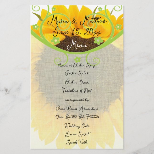 Country Chic Sunflower Wedding Menü (Vorderseite)