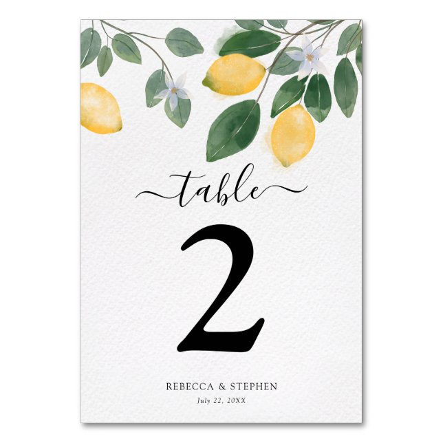 Country Chic Watercolor Lemon Wedding Tischnummer (Vorderseite)