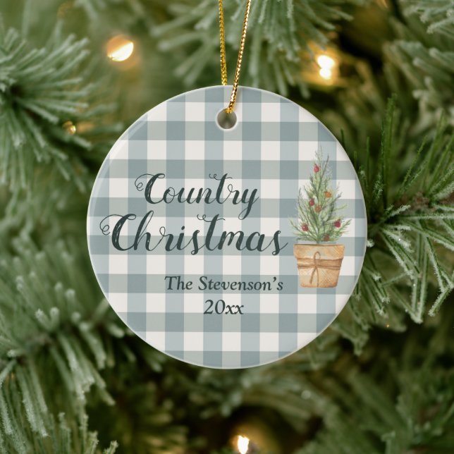 "Country Christmas" Skriptname Green Kariert Keramik Ornament (Baum)