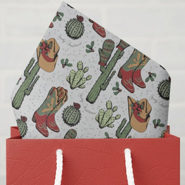 Country Cowboy Howdy Christmas Gray Seidenpapier (Elegant Light Gray Howdy Christmas Western Cowboy Ivory Tissue Paper. Cowgirl Boots & Cactus Pattern)