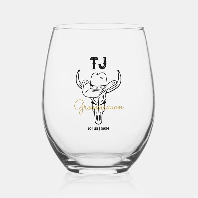 Country Cowboy Personalisierte Trauzeugen Monogram Weinglas Ohne Stiel (Vorderseite)