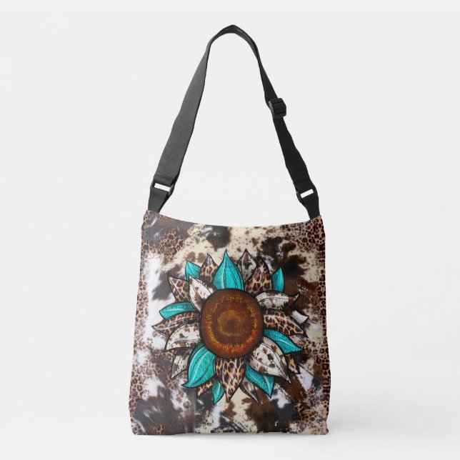 Country cowhid Leopard Print Türkis Blume Tragetaschen Mit Langen Trägern (Vorderseite)