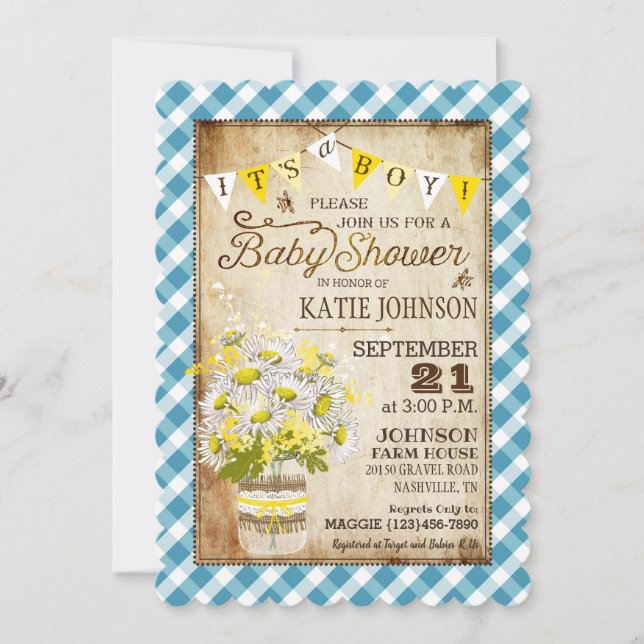 Country Daisies Gingham Karo Boy Baby Shower Einladung (Vorderseite)