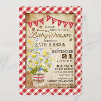 Country Daisies Gingham Karo Twins Baby Shower Einladung