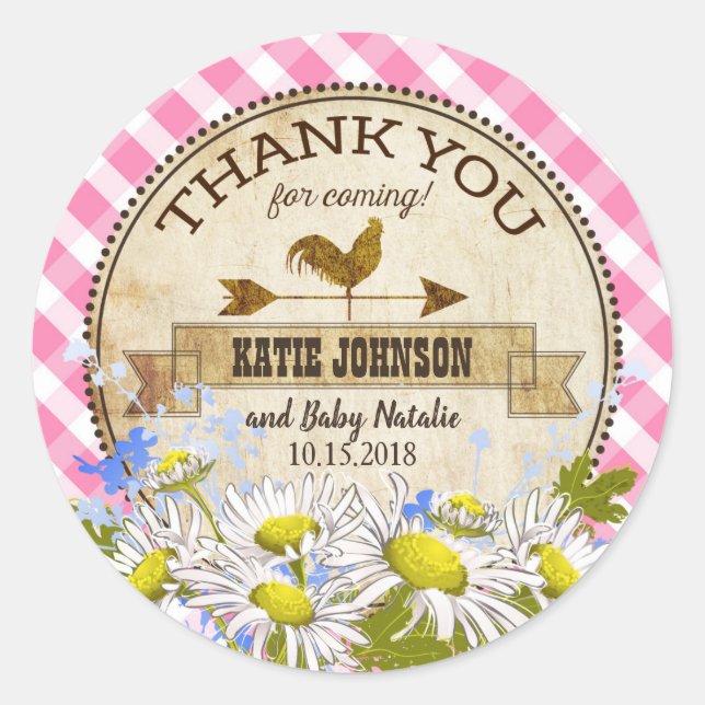 Country Daisies Pink Gingham Karo Baby Shower Runder Aufkleber (Vorderseite)